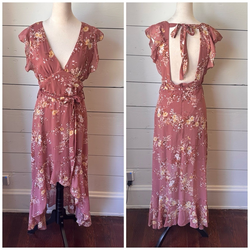 Altar'd State Mauve Florence Floral Midi Dress L Ruffle V Neck Wedding Guest